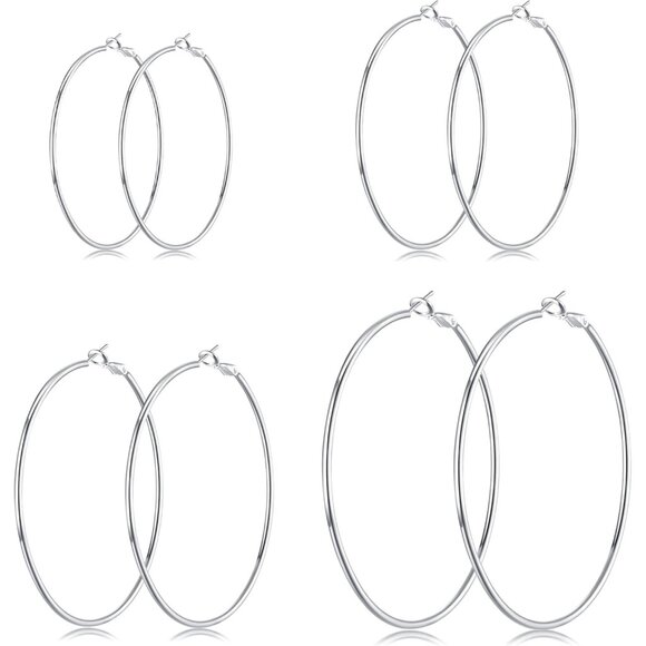 4 Pairs Sterling Silver Hoop Earrings Set - 14k White Gold Plated, Sizes 30-60mm - Picture 5 of 6